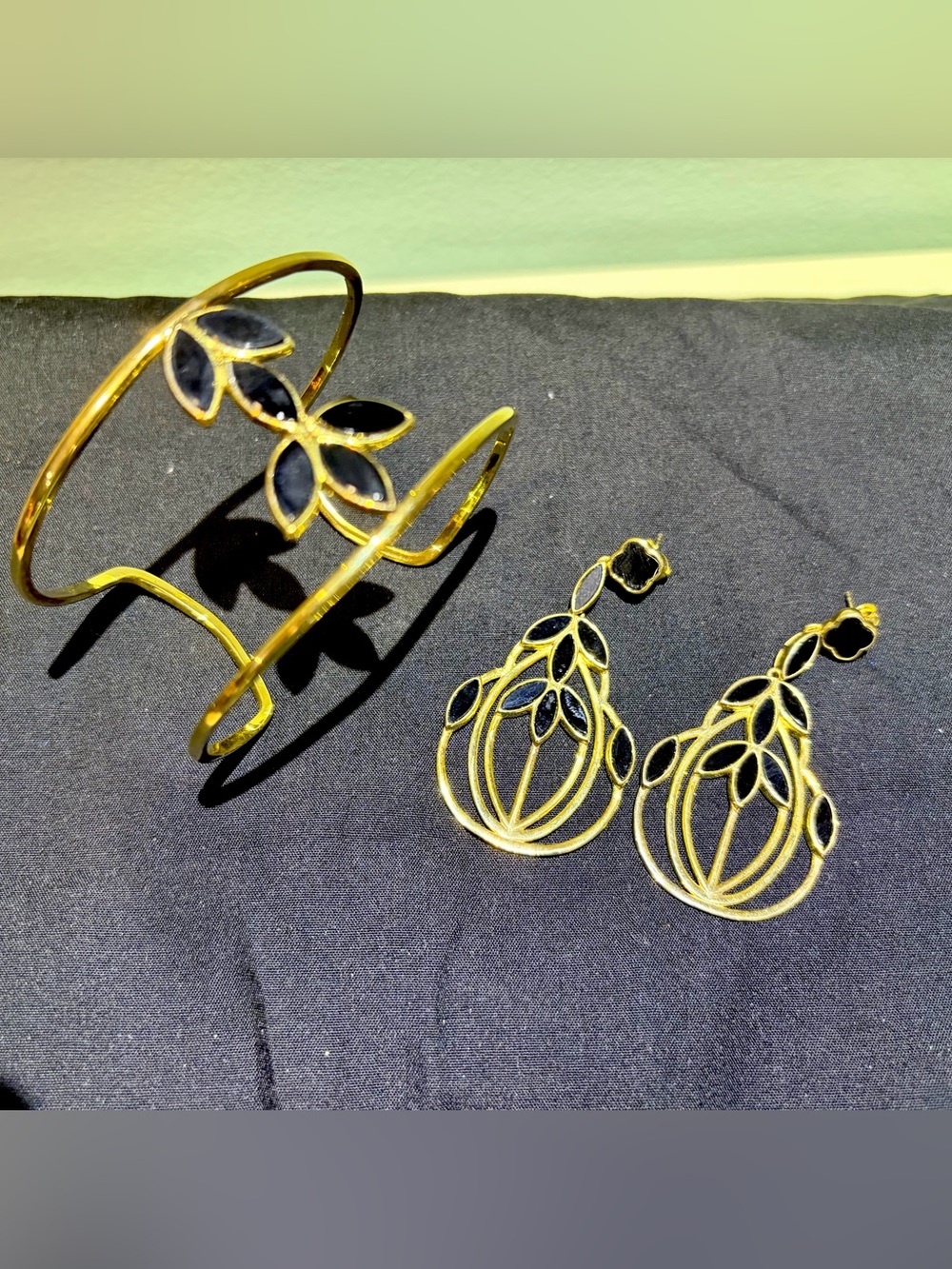 Gold-Tone Leaf Cuff Bracelet and Drop Earrings Set With Black Enamel Accents